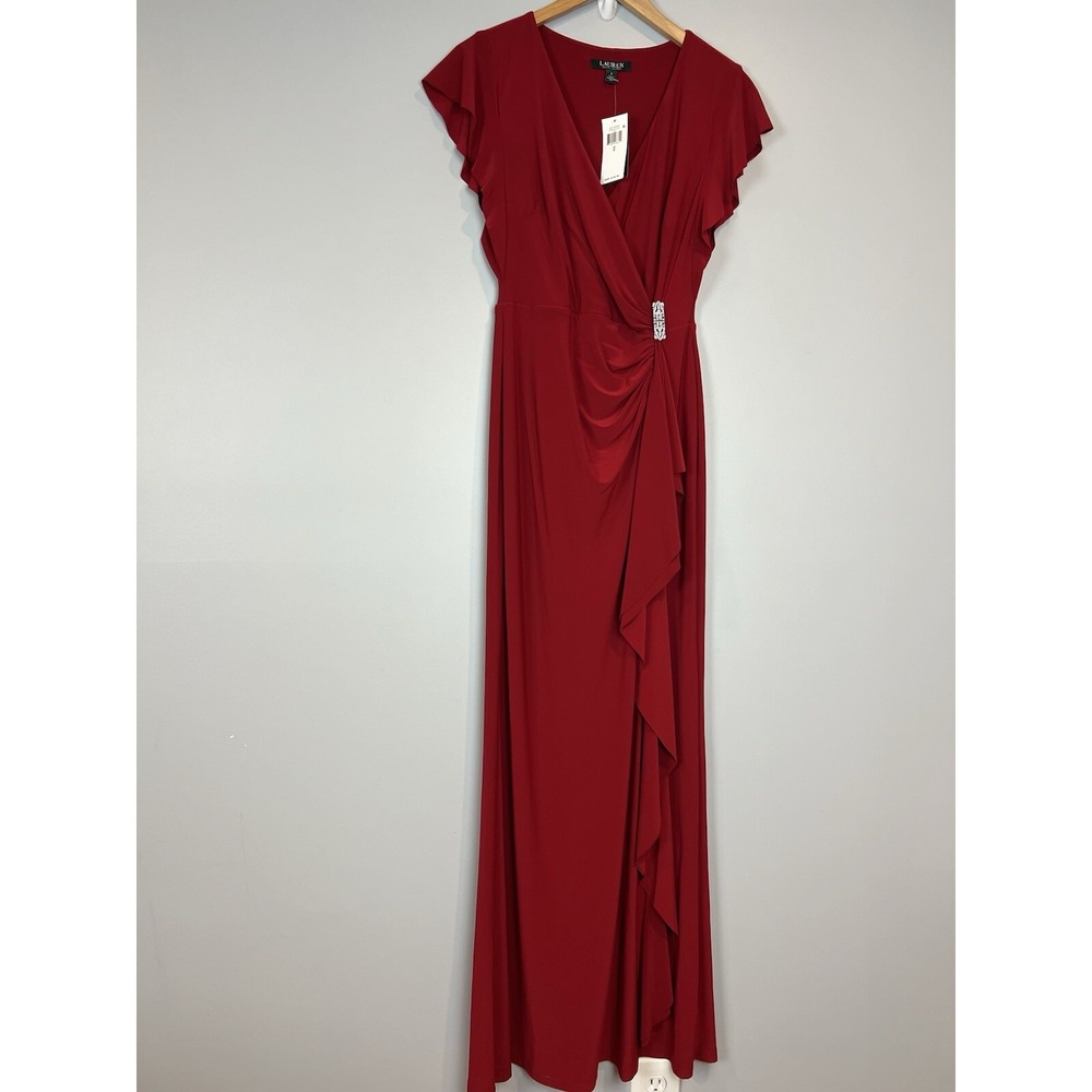 Lauren Ralph Lauren Red Gown Size 2 Flutter Sleeve V Neck Brooch NWT